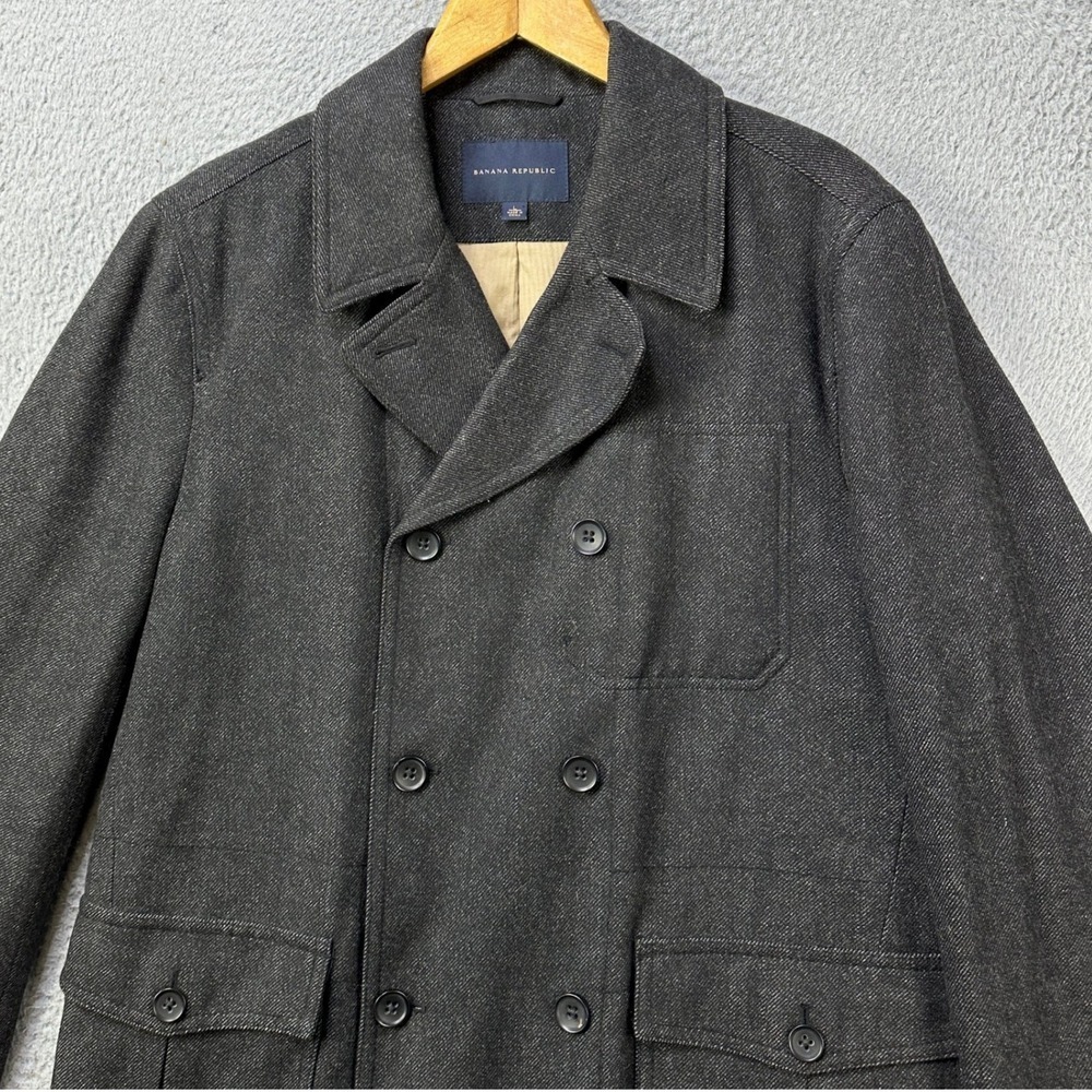 Banana Republic‎ Mens Large Peacoat Double Breasted Gray Wool Blend Pocket EUC